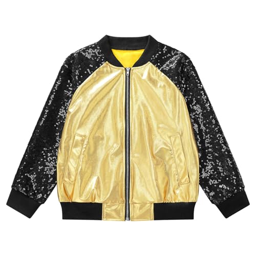 Loyan Kids Girls Zipper Bomber Jacket Shiny Sequins Coat Casual Outerwear Jazz Hip Hop Dance Outfits 6-16 Years2