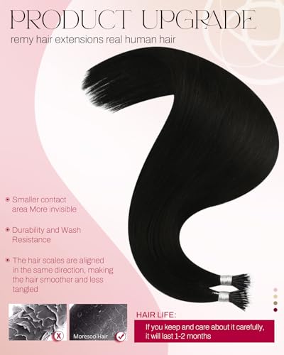 Image of Moresoo Nano Bead Hair Extensions Human Hair, Jet Black, 16 Inch | 50g 50 Strands, Cold Fusion Extensions, Comfortable Wear with Individual Strand Placement for Everyday Length Enhancement