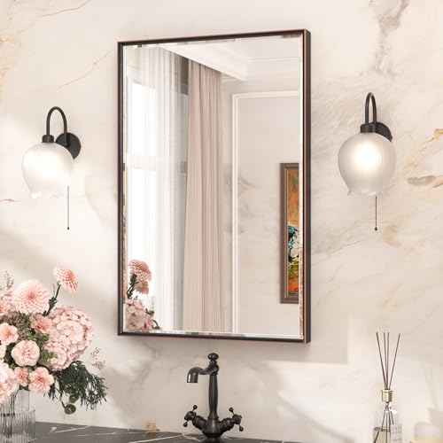 TETOTE Oil Rubbed Bronze Bathroom Mirror 24 x 36 Inch Beveled Frame Vanity Mirror Tempered Glass Shatterproof for Modern Bedroom Entryway Living Room