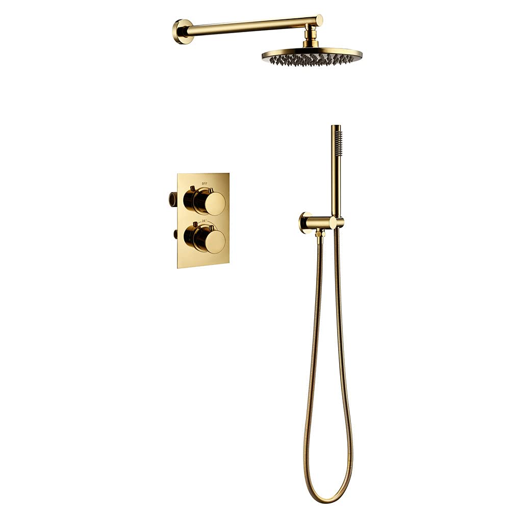 NGDFGR Shower Titanium Gold Solid Brass Round Shower Set Intelligent Thermostatic Faucet Mixing Valve Bathroom Shower Faucet Set, 8In,8inch