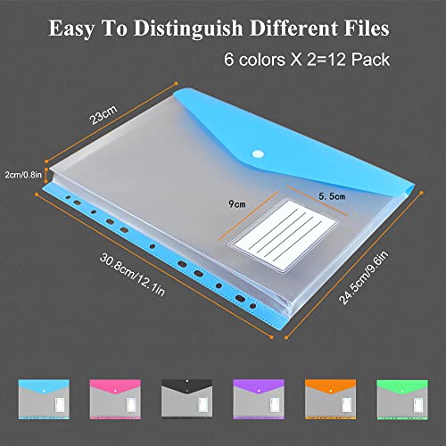 12 Pack Plastic Envelopes Binder Pocket 11 Holes Expandable Binder Folders For 2/3/4 Ring Document Pouch With Snap Button & Label Loose-Leaf Transparent For School Home Office (Side-Opening) #TOP2