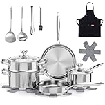 16-Piece Stainless Steel Cookware Set, Induction Compatible Pots and Pans with Steamer & Glass Lids, Stainless Steel Kitchen Utensil Set with Pot Protectors & Apron, Fits All Hob Types