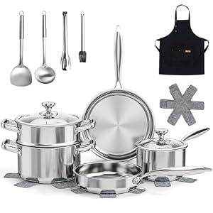 16-Piece Stainless Steel Cookware Set, Induction Compatible Pots and Pans with Steamer & Glass Lids, Stainless Steel Kitchen Utensil Set with Pot Protectors & Apron, Fits All Hob Types