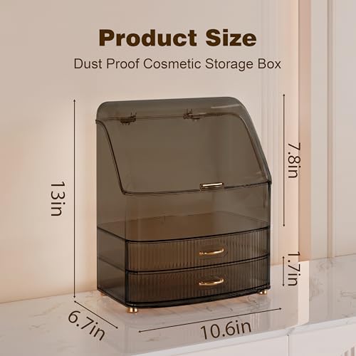 Image of Makeup Organizer Countertop Vanity with Transparent Lid Drawers Waterproof Dustproof Cosmetic Skincare Bathroom Storage Gift for Women Teens Girls (Clear Black)