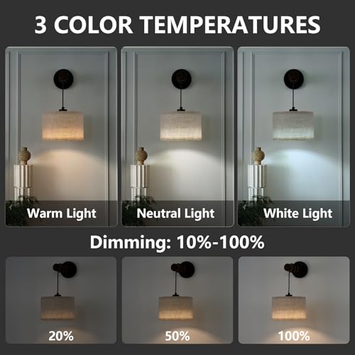 Image of XSDeTu Battery Operated Wall Sconce with Remote, Rechargeable Battery Powered Wall Light, 3 Colors Dimmable Wall Mounted Lights, Adjustable Lamp for Bedroom Bedside, Wooden Arm, Fabric Shade, 2 Pcs