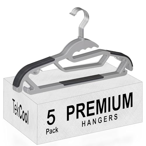 Image of TEKCOOL Plastic Clothes Hangers - Space Saving Dry & Wet Hangers with Non-Slip Pads - Heavy Duty Coat, Suit, Underwear, Pants, Shirts - 5 Piece, Grey