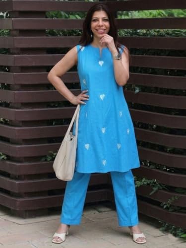 Image of ANNI Designer Kurta Set for Women Cotton Blend Embroidered | Kurti Set for Woman | Farshi Salwar Suit Kurta Palazzo Outfit | Round Neck V Slit Sleeveless Regular Fit Ethnic Dress Stylish Clothing