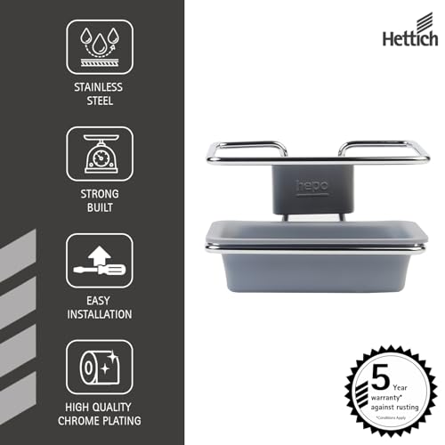 Image of Hepo Stainless Steel Bathroom Tooth Brush Holder Stand Storage Organizer, 1 Tooth Brush Holder | 1 Plastic Tray | 1 Cover Cap |3 Wall Fixing Screws (Grey, 150x100x70 mm) Set of 1