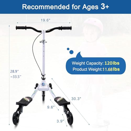 AODI Swing Scooter for Kids, 3 Wheels Foldable Wiggle Kick Scooter Push Drifting with 4 Adjustable Handlebar & 2 Rear LED Wheel for Boys and Girls Ages 3-8
