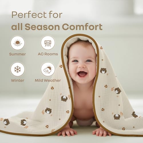 Image of R for Rabbit Softkins Muslin Quilt Blanket for Newborn Baby 3 Layers Muslin Cotton Fabric All-Season Soft Breathable Lightweight & multipurpose Reversible Dohar, 100 x 100 cms, 0+ Months (Teddy Beige)