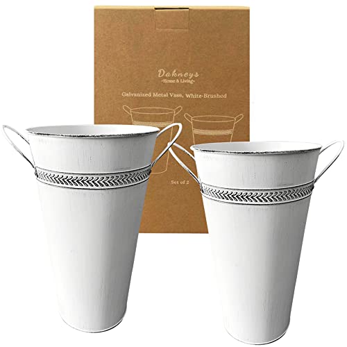 Set Of 2 Galvanized Flower Buckets For Cut Flowers - 12 Inch - Matching Metal Vases For Floral Arrangements - Decorative Pails - French Buckets For Home And Wedding Table Centerpieces (White) #TOP6