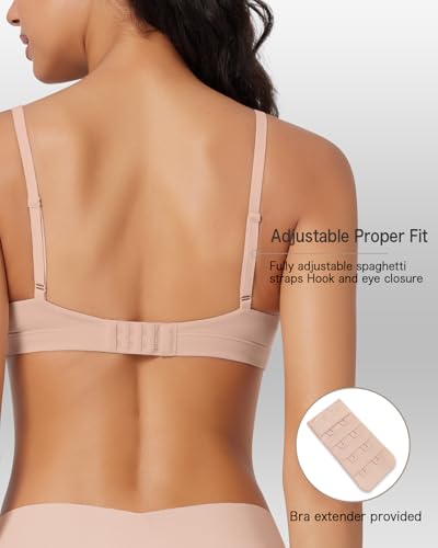 Image of Women's Triangle Bralette Removable Pads Unlined Bra Comfortable Deep V Neck Wireless Seamless Smoothing Bra Top Nude