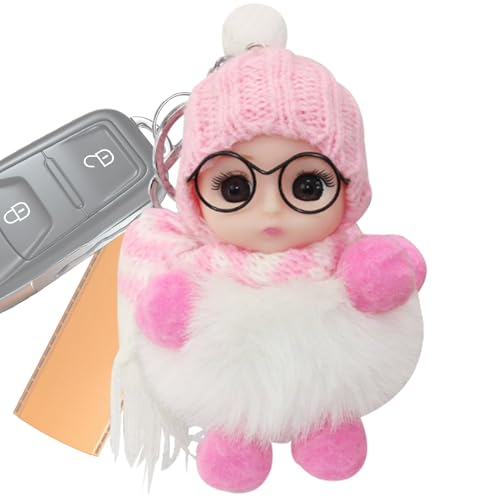 Generico Tráiler de muñeca colgante de muñeca linda | Remolque de peluche decorativo para bolsos escolares | Pretty Plushornment con ojos grandes, gafas, bufanda y sombrero para bolsos, Rosa y blanco