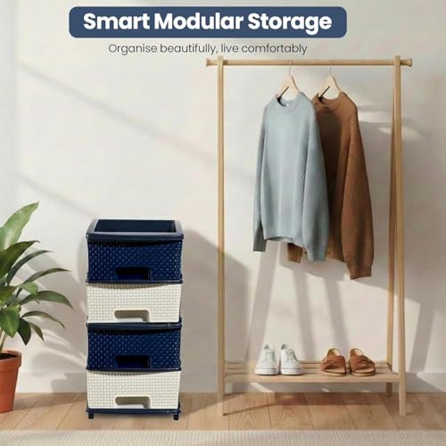 Image of Plastic Modular Drawer Storage Chest Of Drawers Organizer Storage Box, Large Stomo Racks For Multipurpose Anti-slip Shoes Organizers (White & Blue, 4 Layer)