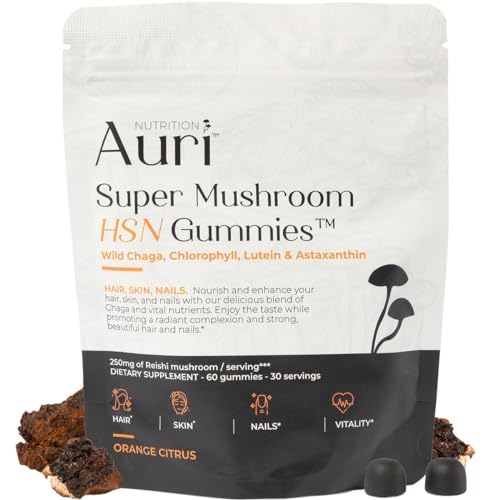 Auri Super Mushroom HSN Gummies - Hair Skin and Nails Gummies Functional Mushrooms Supplement - with Wild Chaga, Chlorophyll, Lutein and Astaxanthin - 60 Orange Citrus Gummies