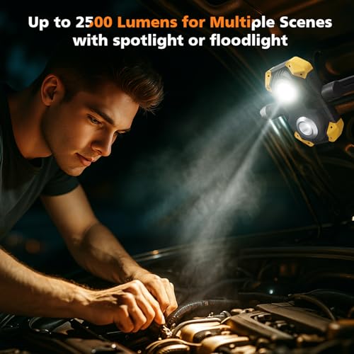 2 Pack 2500LM Magnetic Rechargeable Work Light, LED Work Light Rechargeable with 360° Rotation Stand & Foldable Design, 5 Lighting Modes Magnetic Flashlight for Car Repairing Camping Emergency