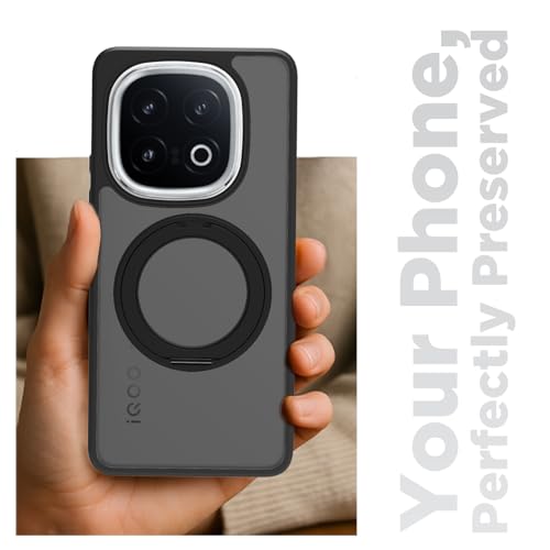 Image of RIGGEAR Shockproof Sleek Hybrid Armor 360 Rotating Magnetic Ring Stand Back Cover Case Compatible with MagSafe Accessories for iQOO 13 5G (Smoke Black Matte PC and Black TPU Bumper)