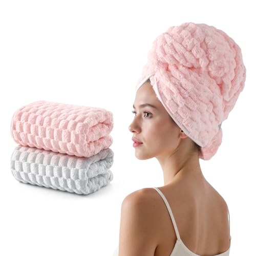 Image of REDKISS 2 Pack Microfiber Hair Towels - Extra Large Hair Towel Wrap for Women, 24x42 inch Pink Hair Towels with Elastic Strap, Super Soft Grey Hair Drying for Long, Curly Anti Frizz Turbans