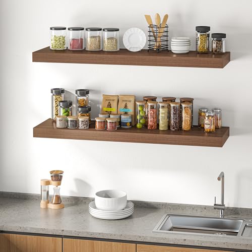 Image of Dreamland 48 inch Floating Shelves for Wall, 12 inch Deep Thicker Walnut Floating Shelves, Wall-Mounted Shelves for Bedroom, Living Room, Kitchen, Bathroom - Set of 2