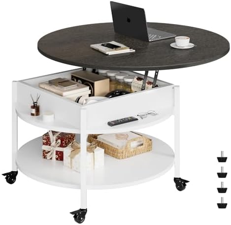 FABATO Round Lift Top Coffee Table with Wheels, Circle Center Tab...