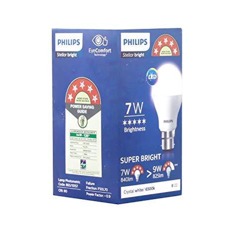 Image of Philips Stellar Bright 7 Watt LED Bulb, 5 Star Base B22 (Cool Day Light, Pack of 4)