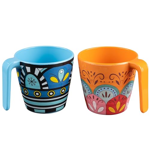 Lot de 2 tasses en mélamine 350 ml, idéales pour le camping 2 personnes, Toscane pastel, empilables, aspect faïence, mandala, tasses à café