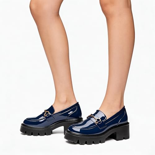 Image of Black Platform Loafers for Women - Women's Slip-On Leather Loafers, Chunky Comfort Shoes for Work & Dressy Occasions