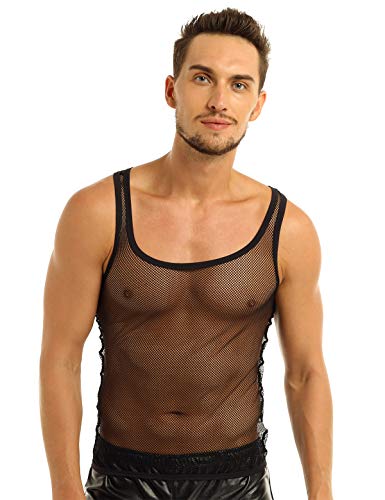 Mens Sheer Mesh Fishnet Sleeveless Muscle Slim Fit Vest Tank Top Y-Back Shirts Clubwear Lingerie Undershirt3