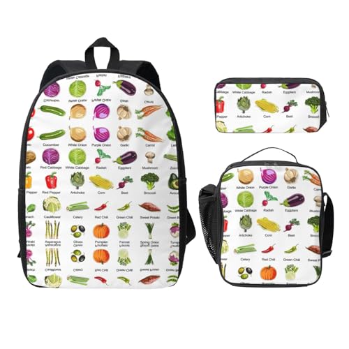 Sac à dos imprimés légumes EdWal avec trousse à déjeuner 3 pièces pour l'école secondaire Noir