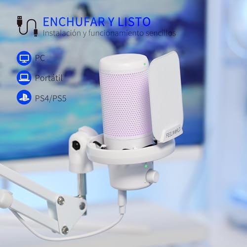Micrófono luz RGB Feelworld VM1 Blanco USB tipo condensador para PS4 y PS5 5