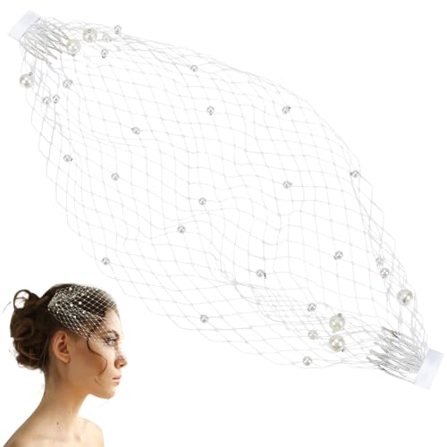 FINGERINSPIRE Voile de Cage à Oiseaux en Perles 37.5X19Cm Avec Peigne à Cheveux - Fascinateur 1920 Pour Femmes de Costume en Maille Blanche