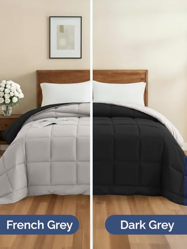 Image of Full Size, Black & Light Grey Alternative Down Comforter - Warm, Lightweight & Breathable Hotel Quality Bedding Set for Men, Women, Kids & Teens - All Season Cooling Microfiber Duvet Insert Comforter