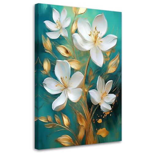 Feeby - Impression sur Toile - Tableau Decoration Murale - Fleurs blanches peintes sur fond turquoise - 70x100 1partie - Salon Peinture Tableaux - Moderne...