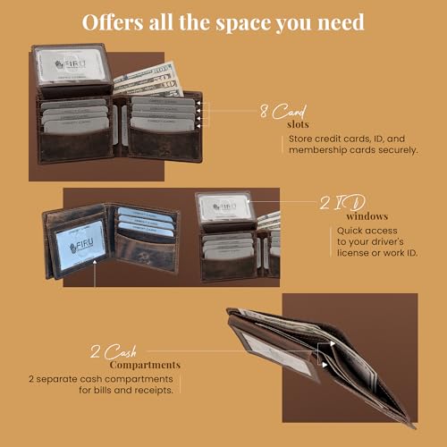 Handmade Leather Wallets for Men | RFID Blocking Bifold Wallet with 8 Card Slots 2 slip in pockets and 2 ID Windows2