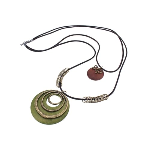 pilyero Boho Kette Damen, Modeschmuck Kette Lang, Holzschmuck Damen, Grün und Bronzefarben, Bohemian Vintage-Schmuck, der sich für Damenoutfits Eignet