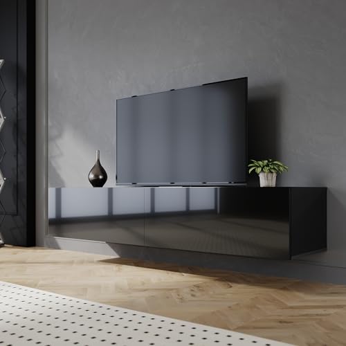 SIRHONA Meuble TV Noir, Meuble Tele Peut être Suspendu ou Posé au Sol, 2 Placards avec Portes, Super Espace de Rangement, 160x40x30cm, Convient pour Salon ou...