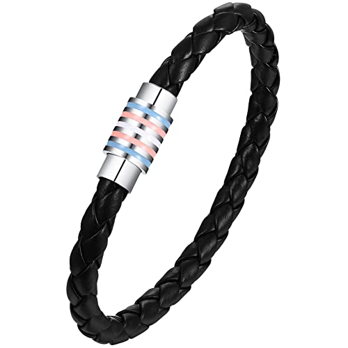 Nanafast Rainbow LGBT Pride Bracelet Handmade Braided PU Leather Stainless Steel Enamel Weave LGBTQ Pride Bracelet for Transgender Queer Jewelry 7.1 inches