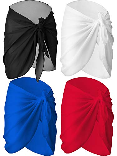4 Pieces Women Chiffon Short Sarongs Cover Ups Beach Swimsuit Wrap Skirt, 4 Colors(Black, White, Blue and Red)