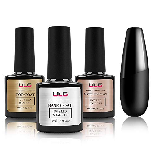 Gel Nail Polish Set - ULG No Wipe Matte Top Coat Glass Top and Base Coat 3Pcs 10ml UV LED Soak Off Natural Long-Lasting Mirror Shine and Matte Finish Gel Nail Lacque