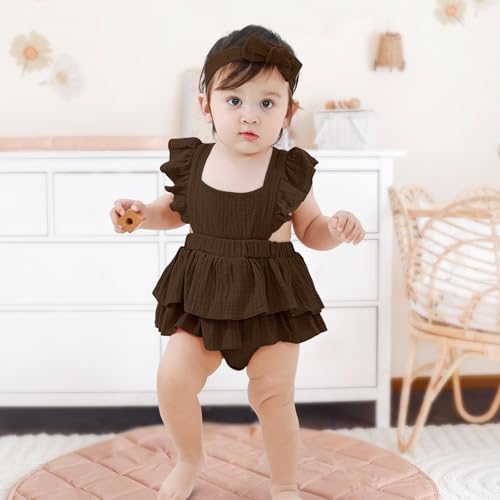 Newborn Baby Girl One-piece Romper Dress Infant Girl Summer Outfits with Headband Ruffle Sleeveless Bodysuit for Baby2