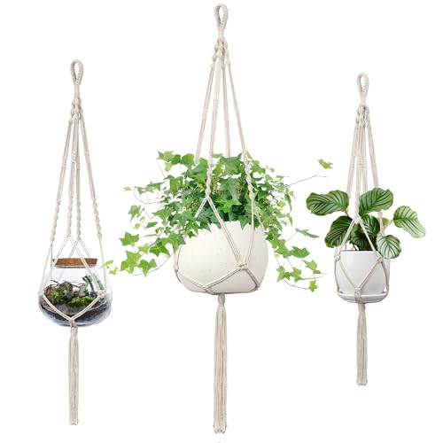 IDEEEPAN Macrame Plant Hanger - Fits 4-13 Inch Pots 34/41/46 3 Sizes Set Hanging Planter Holder for Indoor Outdoor Cotton Rope with Tassels Boho Home Decor Ivory