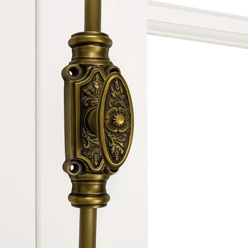STALLION HARDWARE Solid Brass Window Cremone Bolt 6 Feet – Antique Finish, Window Mount, Ornate Floral Design, Customizable Rod Length, Heavy Duty Locking System with Screws Included