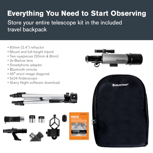 Image of Celestron 22007 Travel Scope 60 DX Portable Refractor Telescope with Smartphone Adapter - Ideal for Beginners with Fully Coated Glass Optics, Tripod, Backpack and Bonus Accessories, Black /Grey | Fully Coated Optics, 20mm and 8mm Eyepieces, 3x Barlow, Smartphone Adapter, Tripod and Backpack