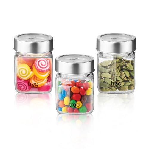Image of Treo by Milton Cube Storage Containers, Set of 3, Glass Jar with Air Tight Steel Lid, 180 ml each, Transparent Jars for snacks, Pulses, Masala, Pickles, Cereals, Cookies, Dry Food