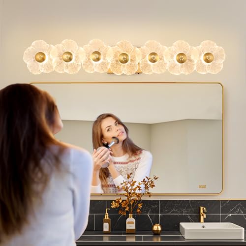Image of MantoLite 33.46'' Bathroom Light Fixtures Modern Vanity Light Over Mirror Adjustable 3000K-6000K Picture Lights Art Light with Floral Clear Glass Shades for Living Room Bedroom (7 Light Gold)