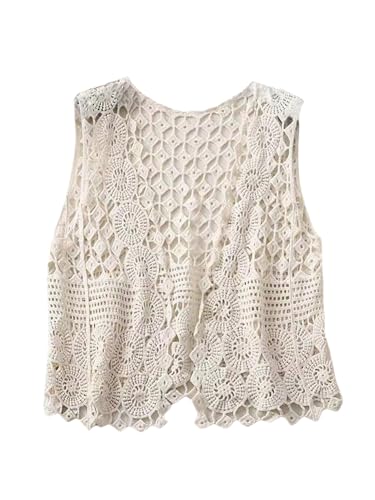 SweatyRocks Women's Hollow Out Sleeveless Sweater Vest Crochet Knit Open Front Cardigan