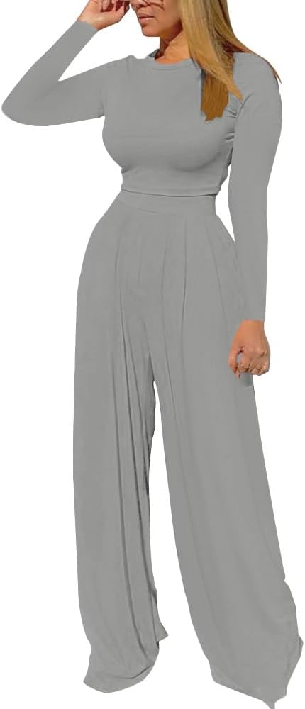 (Size XL) TOPSRANI Womens 2 Piece Outfits Casual Sweatsuits High Waist Short Sleeve Tracksuit Loose Baggy Wide Leg Pants Sets Grey 912 X-Large