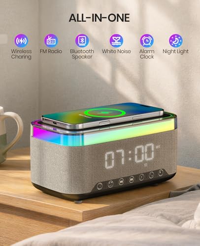 Alarm Clock with Wireless Charging, Alarm Clocks for Bedrooms, Bluetooth Alarm Clock, RGB Night Light - Multi-Functional Smart Alarm Clock for Adults & Teens Black - Image 2