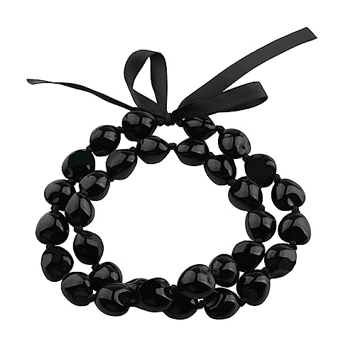 BNQL Hawaiian Kukui Nut Lei Necklace Graduation Leis Chunky Beaded Necklace with Ribbon Graduation Gifts for Her Him (Black)