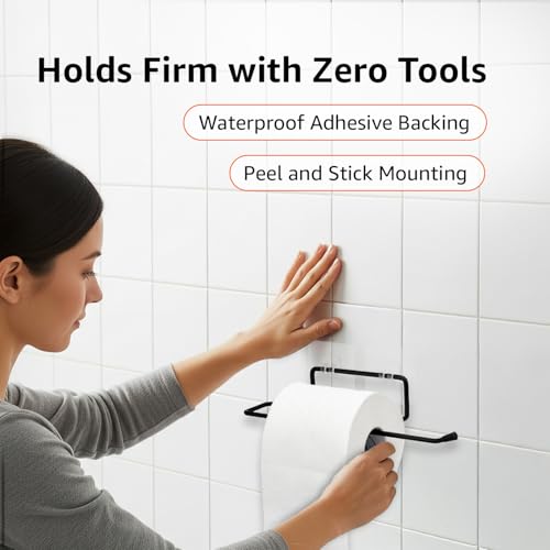 Image of Amazon Basics Self-Adhesive Toilet Paper Holder | Wall-Mounted Bathroom Tissue Roll Hanger | Rust Proof GI Steel with Powder-Coated Black Finish | 24.8L X 5.47W x 4.8H cm, Pack of 1